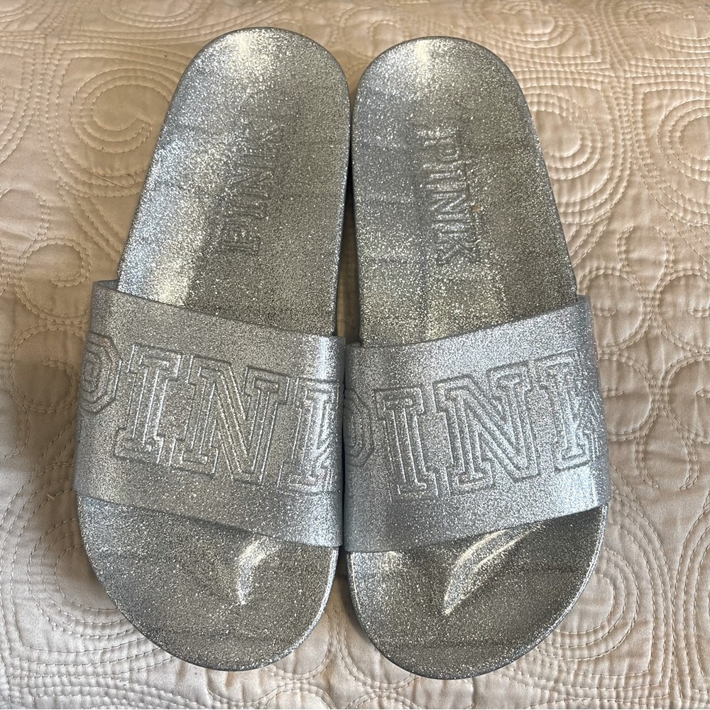 PINK Victoria's Secret Silver Glitter Slide Sandals